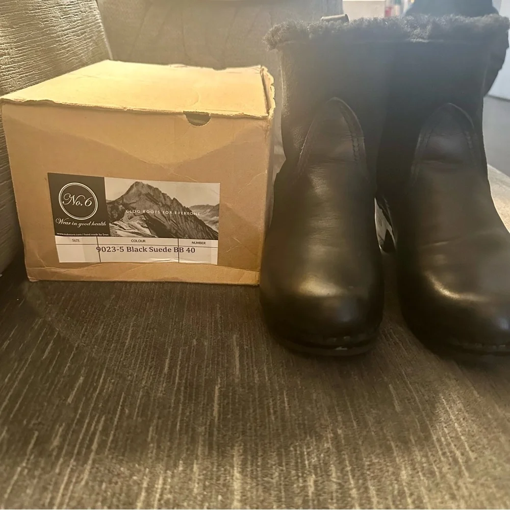 No.6 Pull on Shearling Clog Boot on mid heel in all Black leather and suede - Picture 9 of 12